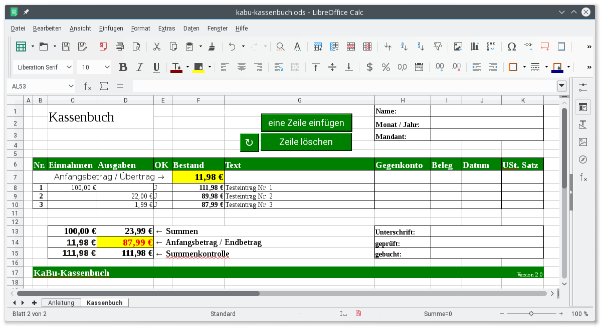 Screenshot von KaBu-Kassenbuch